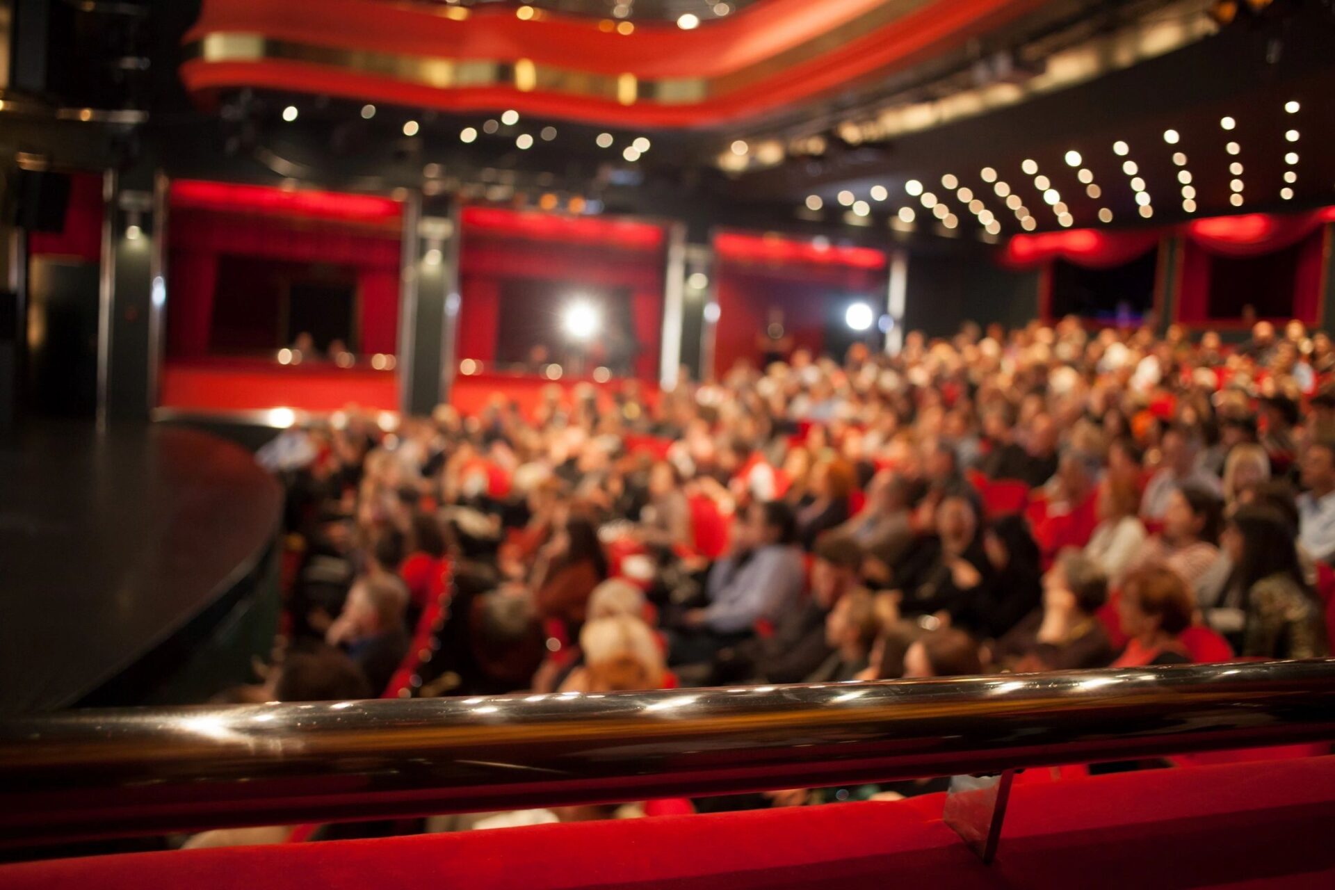 A large audience is sitting in the theater.